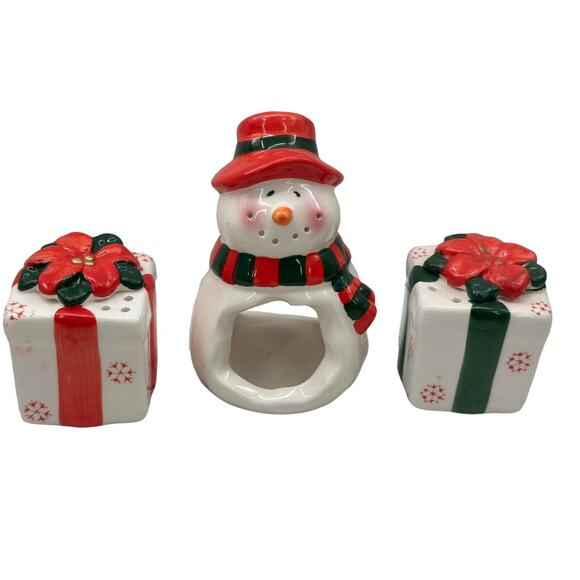 Unbranded Other - 1990S Retro Red Green Christmas Presents Snowman Salt Pepper Shakers Napkin Ring